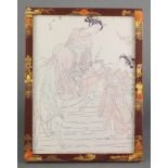 An early 20th Century Japanese lacquer frame enclosing a faded woodblock print 12 1/2" x 9 1/2"