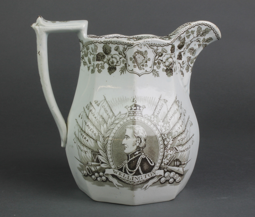 A 19th Century English transfer print commemorative jug with oval portrait panels of Wellington