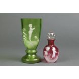 A Mary Gregory style cranberry scent, now with faceted stopper 4", a ditto green glass beaker 6"