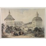 A pair of 19th Century coloured prints, studies of soldiers before buildings, indistinctly signed