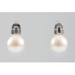 A pair of 18ct white gold cultured pearl and baguette diamond drop ear studs