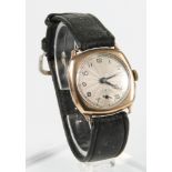 A gentleman's 9ct gold cased Art Deco wristwatch with seconds at 6 o'clock on a leather strap