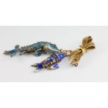 2 enamelled articulated fish suspended from a ribbon broochThere are some chips to the enamel