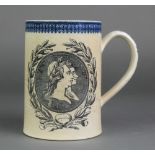 A creamware transfer print George III and Queen Caroline commemorative pint mug - A King Revered a