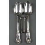 A pair of Victorian silver Kings pattern spoons and a pair of silver nips 216 grams