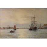 G S Walters 1908, watercolour drawing, an extensive port scene with rowing boats, fishing boats,