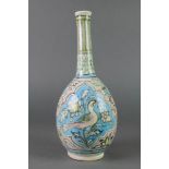 An Isnic baluster bottle vase with elongated neck having panels of birds amongst flowers 14"