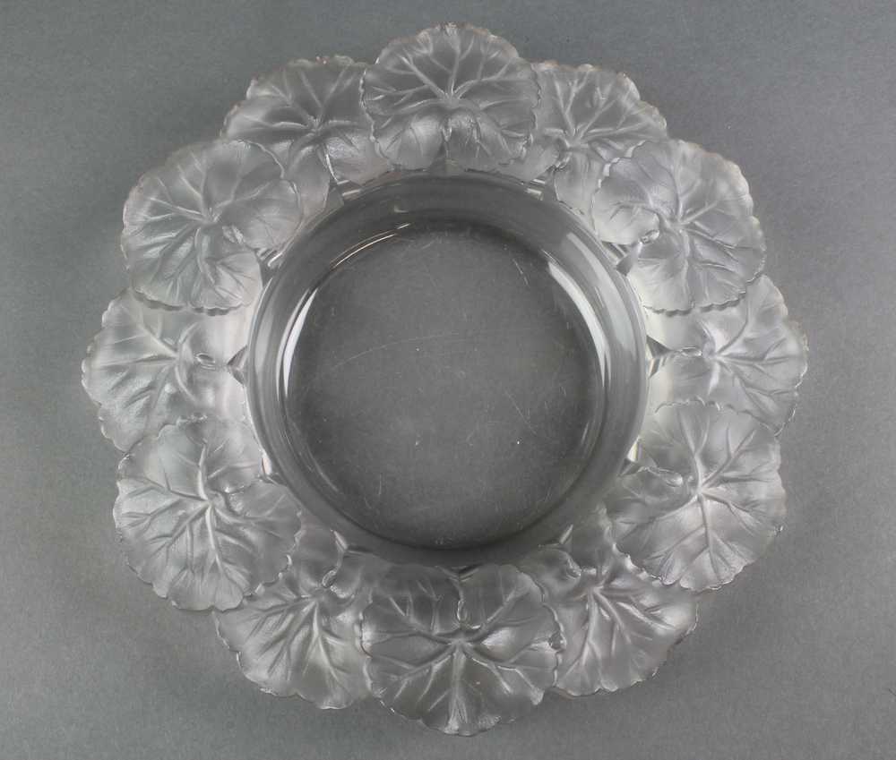 A Lalique Honfleur geranium clear glass trinket dish with etched lowercase signature 8 1/2"