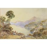 Andrea Vasaic, watercolour, a Continental lakeside scene with figures and buildings, signed, 11 1/2"