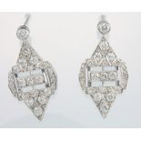 A pair of 18ct white gold diamond set Art Deco style drop earrings, approx 2ct