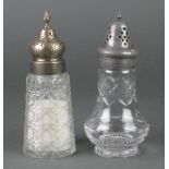 A Victorian silver mounted cut glass sugar shaker, Chester 1900 together with a plated ditto