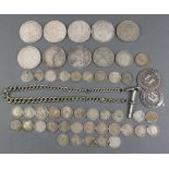 A silver Albert watch chain hung 3 coins, other coins, minor pre 1947 and foreign etc