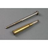 A novelty plated propelling pencil in the form of a screw together with a bullet cased pencil