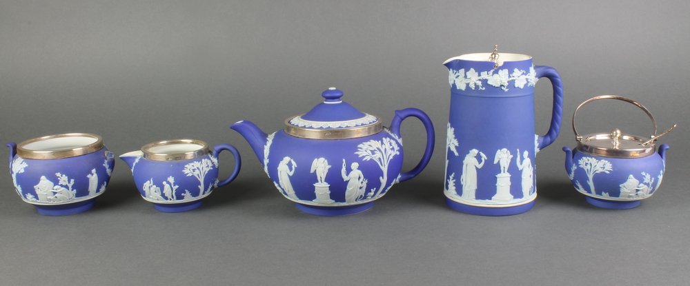A silver mounted Wedgwood Jasper 3 piece tea set comprising teapot, jug and sugar bowl together with