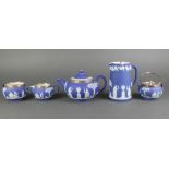 A silver mounted Wedgwood Jasper 3 piece tea set comprising teapot, jug and sugar bowl together with