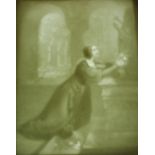 A 19th Century KPM lithophane depicting a lady in supplication in a church holding a bouquet of