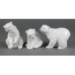 3 Lladro figures of polar bears, 1 standing, 2 seated