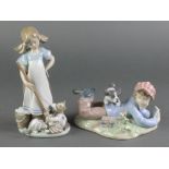 2 Lladro figures of a young boy reclining with a dog 5451 7" and a young girl with a broom and