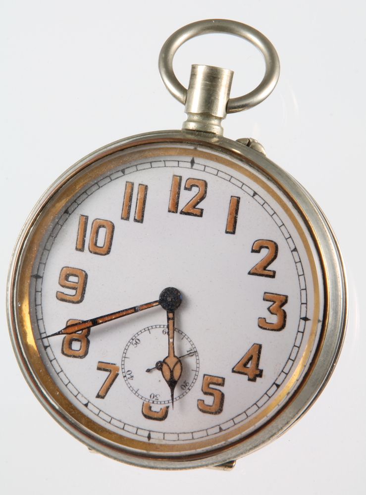 A silver plated Goliath pocket watch with seconds at 6 o'clock The winder is detached