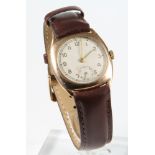 A gentleman's Art Deco 9ct gold wristwatch with seconds at 6 o'clock on a leather strap