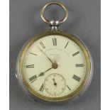 A silver cased key wind pocket watch with seconds at 6 o'clock There are chips to the watch face