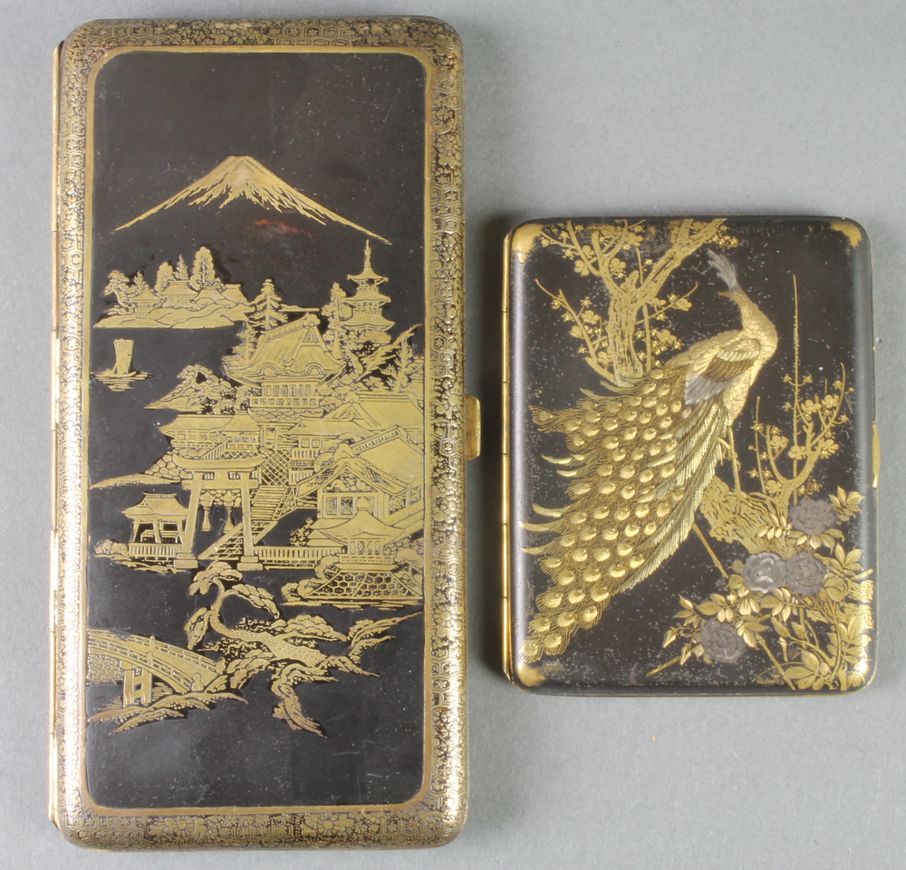 2 Japanese Komai Ware rounded rectangular cigarette cases, 1 decorated with a view of Mount Fuji 6