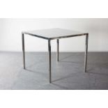 A CHROME DINING TABLE, ON SQUARE LEGS, 8