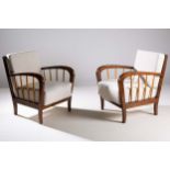 A PAIR OF CHERRYWOOD UPHOLSTERED ARMCHAI