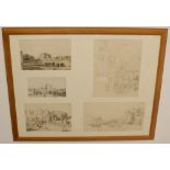 Large framed collage of various pencil sketches of Historic buildings, dated 1886