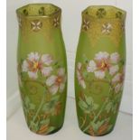 Pair of late 19th century French hand enamelled and gilded green glass vases