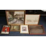 Selection of 6 framed items including 5 paintings and a map
