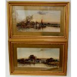 Pair of Stunning Watercolours of Riverside scenes containing cottages, Boats and people, each