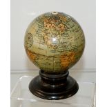 Rare Clarke & Co Terrestial Globe cotton Dispenser on Raised turned & black lacquered stand, 10.