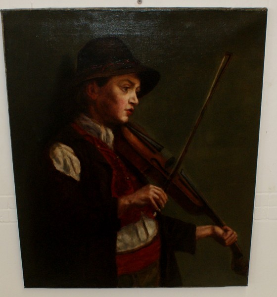 Impressive Italian 19th century Oil on canvas of young Boy playing the Violin, signed on Reverse
