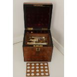 Victorian Burr Walnut lockable Medicine chest with part bottles and implements