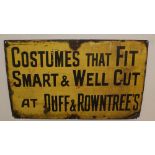 Scarce Heavy tin enamel sign- Costumes that fit smart and well cut at Duff & Rowntree