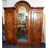 Victorian Burr Walnut Triple Breakfront wardrobe / armoire with original mirror and handles, 3