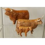 Rare Beswick Highland cattle Family, Bull, Cow and calf, Mint condition