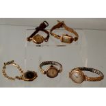 Selection of 5 9ct Gold ladies wrist watches including Timor & Rotary, some working