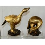 Pair of Chinese Bronze Gold decorated Bird figures, 11 and 16cm High