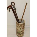 hand painted Chinese stick vase with 5 walking sticks including shooting