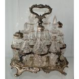 Victorian Centre Table condiment tray with 7 cut glass and silver pots / jars, 28cm tall