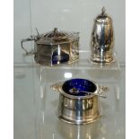 Silver cruet set with blue glass liners, Birmingham 1913 with markers marks of Harrison & sons,