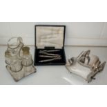 Nice selection of silver-plated items including cruet set, cased nut crackers & sugar box