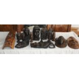 Large Collection of Eastern carved wooden heads, masks and other items