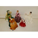4 Royal Doulton lady figures and 1 Royal Worcester, all undamaged