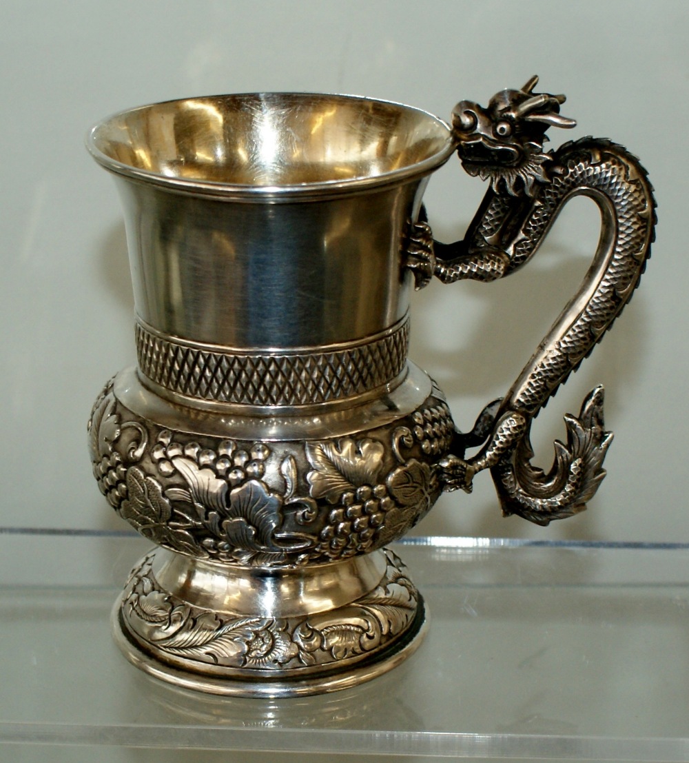19th century Chinese Silver dragon handled tankard, Very well decorated with good quality carved
