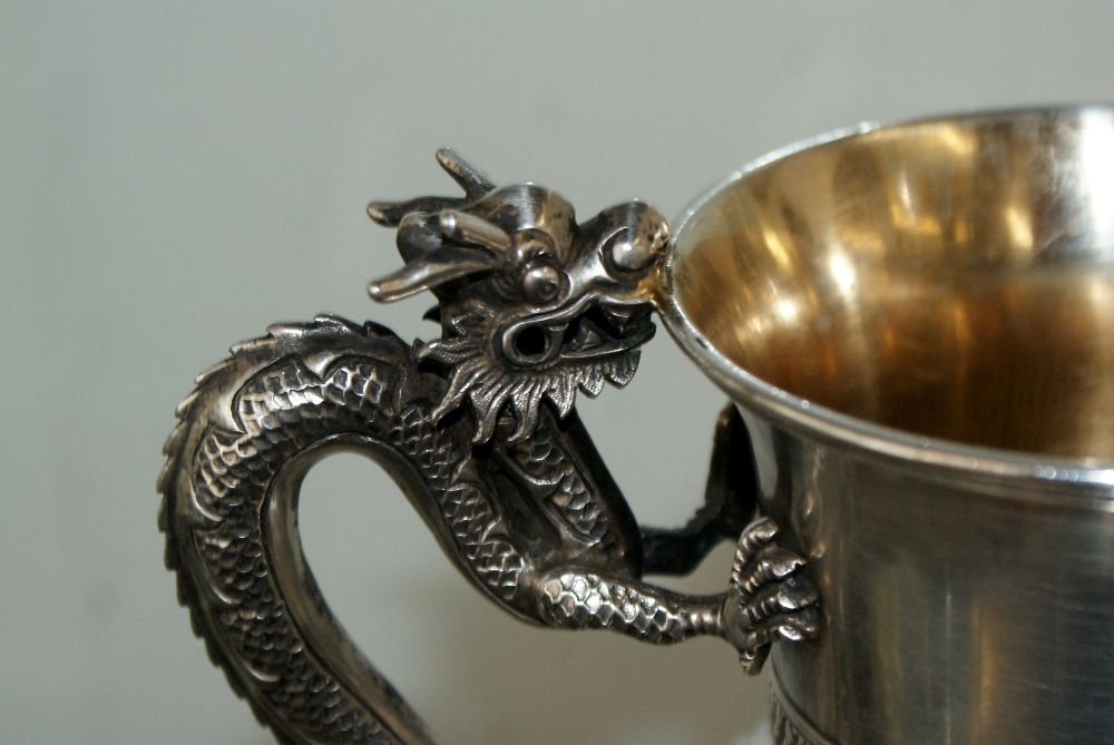 19th century Chinese Silver dragon handled tankard, Very well decorated with good quality carved - Image 11 of 14