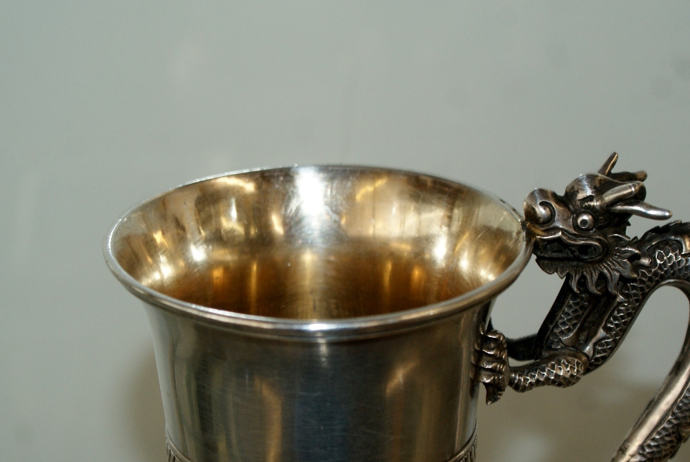 19th century Chinese Silver dragon handled tankard, Very well decorated with good quality carved - Image 7 of 14