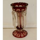 Victorian Ruby red cut glass lustre with all droplets intact, 31cm tall